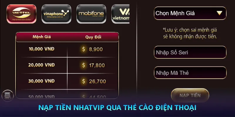 Nạp tiền Nhatvip qua thẻ cào điện thoại